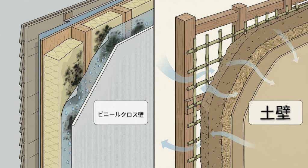 ビニールクロスの壁と土壁の壁の調湿機能を比較した画像