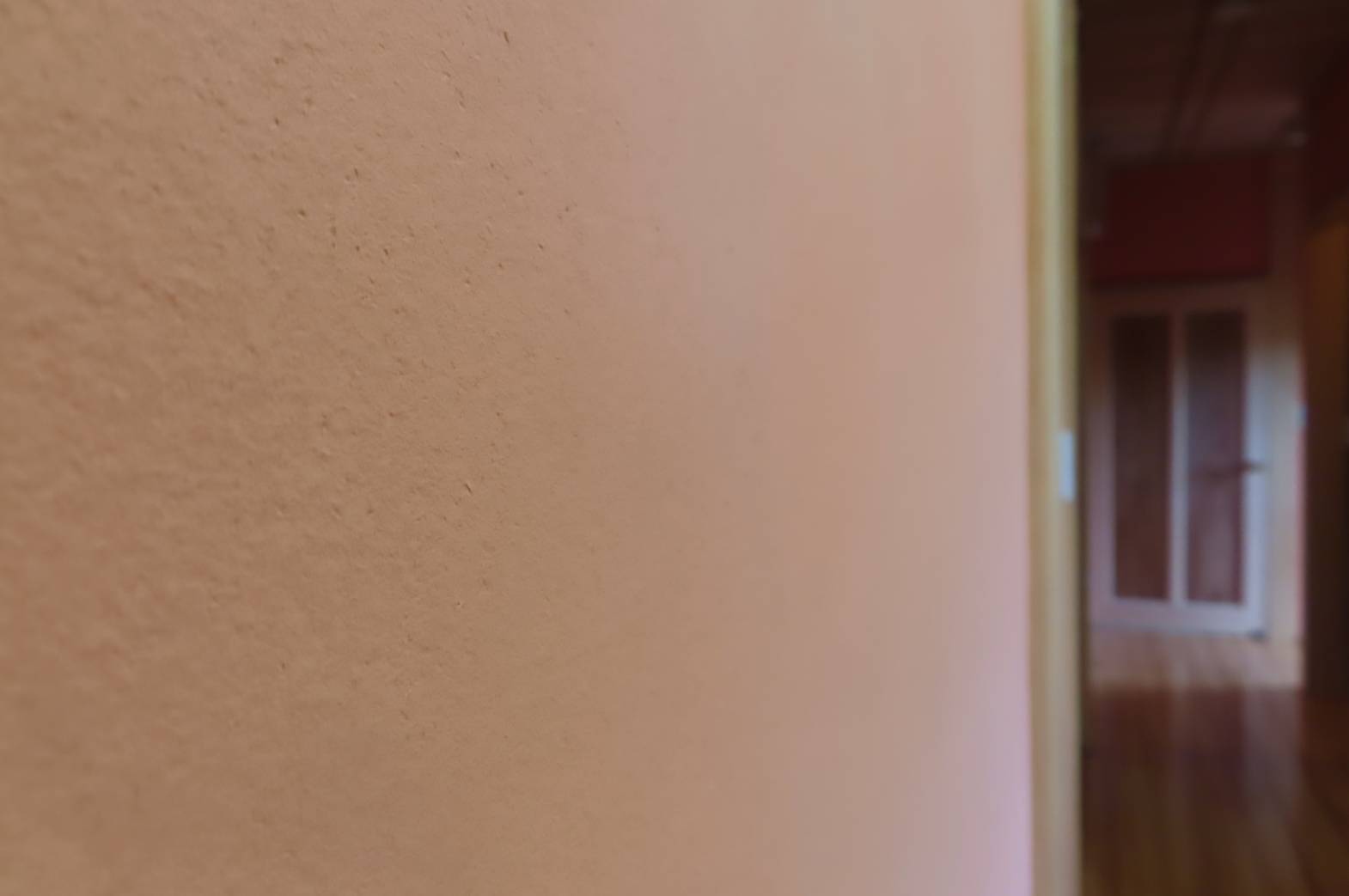 ざらりとした質感のピンク系の壁面が画面左側と中央を占め、右側には開き戸の枠と奥に木目調の床と白い框の扉が見えている